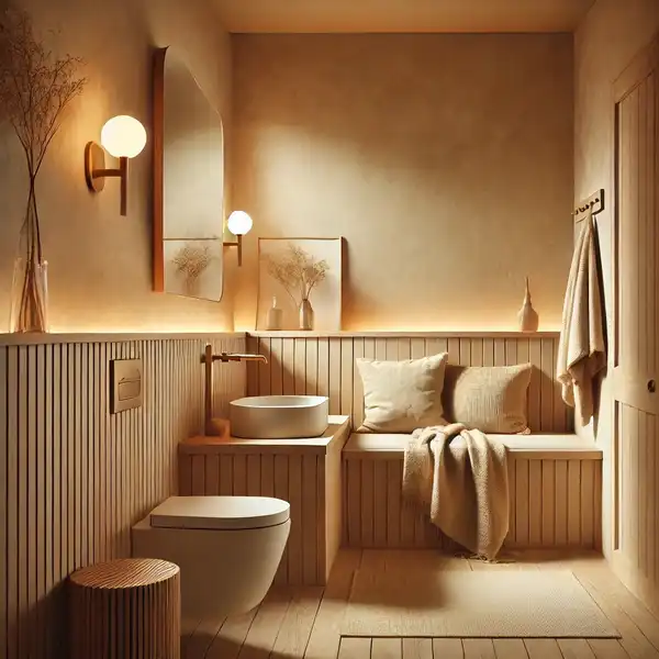 3. A cozy bathroom featuring warm neutral colors like beige and cream, with soft lighting - Bathroom Design Trends