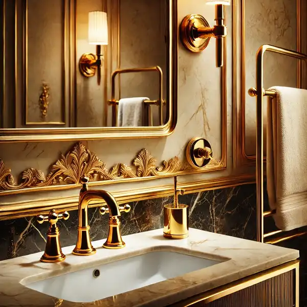 4. A luxurious bathroom with brass and gold fixtures, including a gold faucet and towel bar