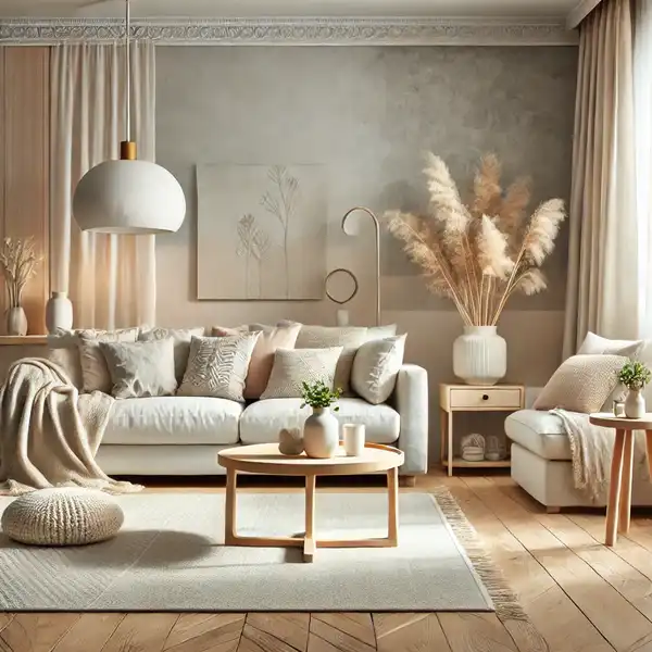 A cozy living room with a soft, neutral color scheme, featuring beige, cream, and light gray tones