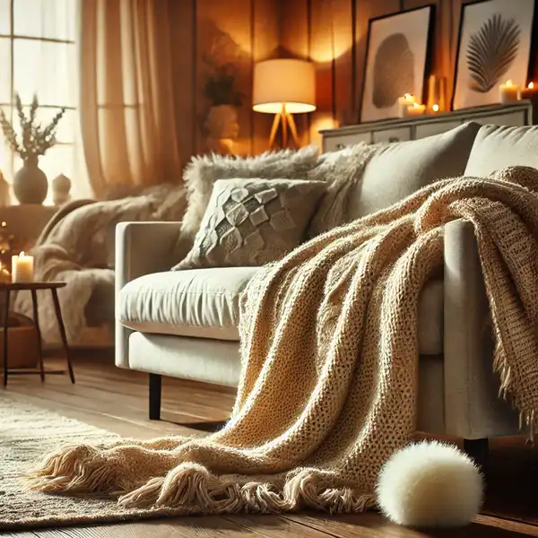 A cozy living room with a warm throw blanket draped over a plush sofa