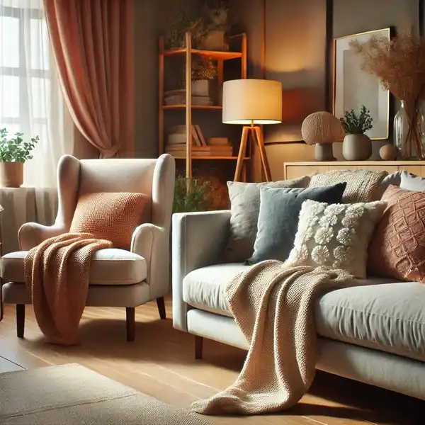 A cozy living room with comfortable seating, including a plush sofa and a comfy armchair