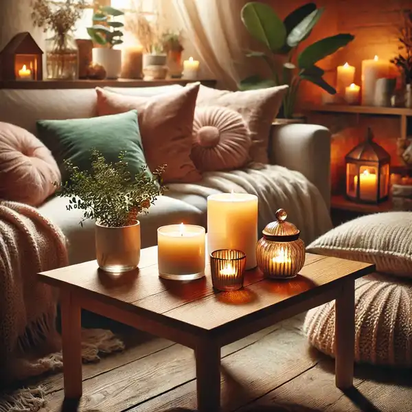 A cozy living room with scented candles placed on a wooden coffee table