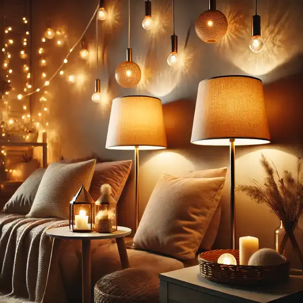 A cozy room with soft lighting, featuring table lamps and string lights