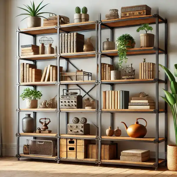 3.Metal Shelving with Wooden Accents