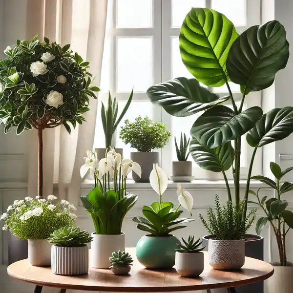 A bright indoor setting with various plants, including a Jade Plant in a small pot on a tabletop, a Fiddle Leaf Fig with large glossy