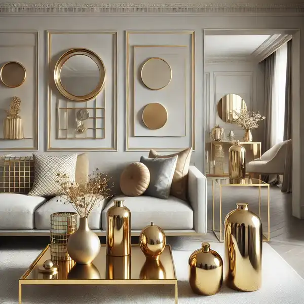 A chic living room featuring metallic accents like gold and brass