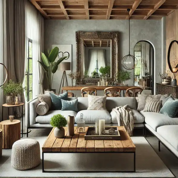 A chic living room with sustainable luxury elements, featuring eco friendly materials