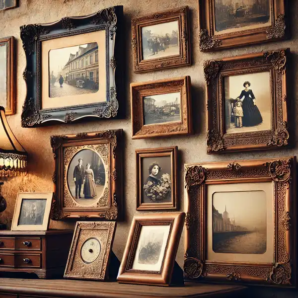 A collection of old, framed photographs displayed on a vintage style wall