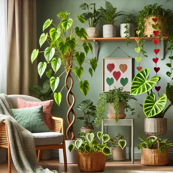 Indoor Plant Decor Ideas - A cozy home interior with indoor plants, featuring a Money Tree with a braided trunk in a stylish pot, a Parlor Palm adding a tropical