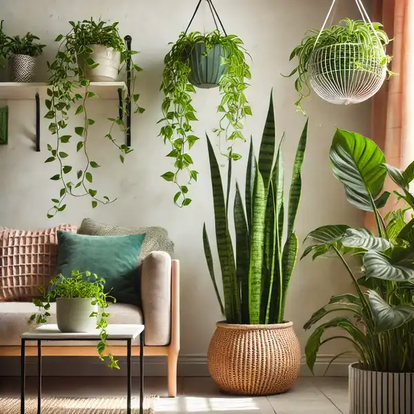 A cozy indoor space featuring a Snake Plant with tall sharp leaves in a corner