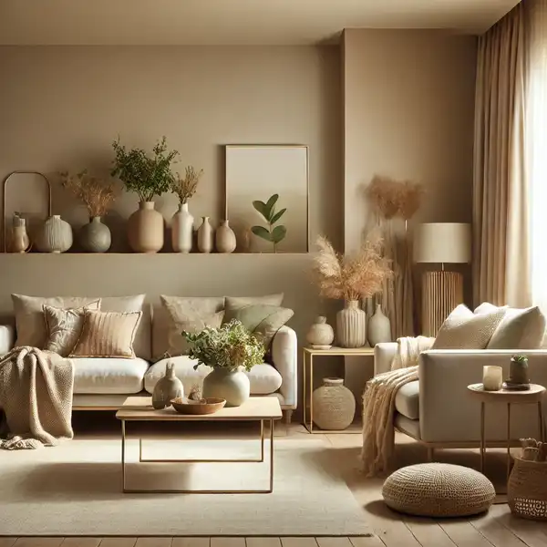 A cozy living room featuring soft earthy tones like beige, sage green, and warm taupe