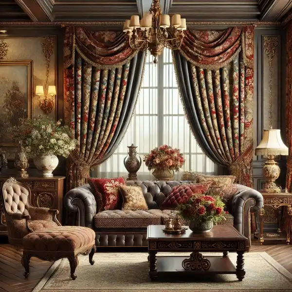 A cozy living room showcasing classic patterns like floral and damask on curtains and pillows