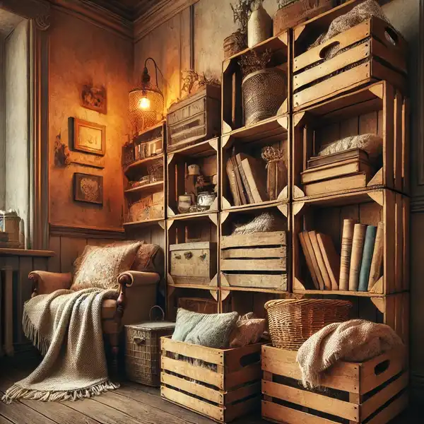 A cozy nook filled with vintage wooden crates and baskets, repurposed as storage for blankets, books, and small household items