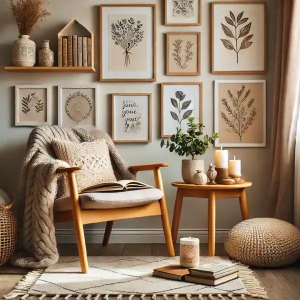 A cozy reading nook with personalized decor such as art prints, candles, a small plant on the table