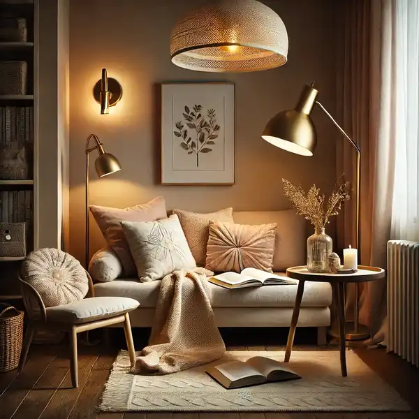 A cozy reading nook with soft lighting options, including a floor lamp, table lamp, and wall sconce