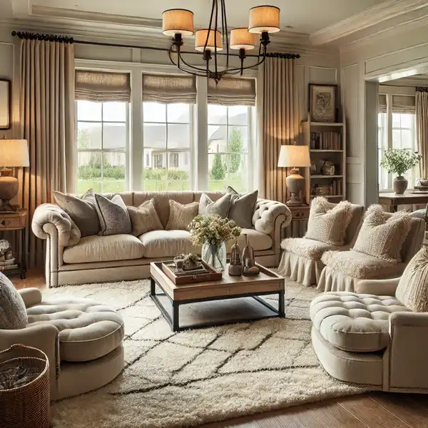 A cozy transitional living room featuring comfort first seating