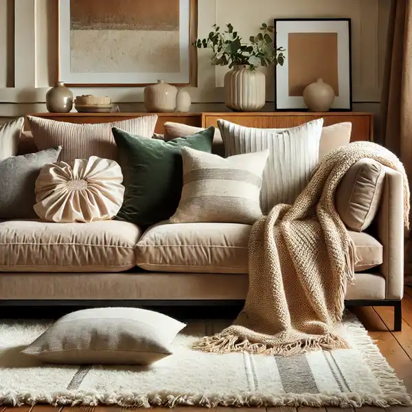 A cozy transitional living room featuring layered textures