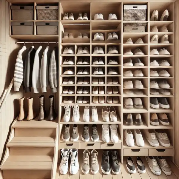 A detailed image of a walk in closet section dedicated to shoe storage