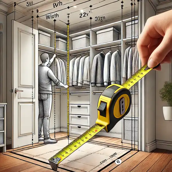 A detailed image of measuring the dimensions of a closet space, including height, width, and depth