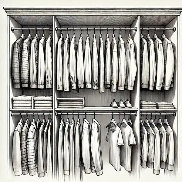 A detailed view of hanging rods for a walk in closet. One section is for short hanging clothes like shirts and jackets with doub