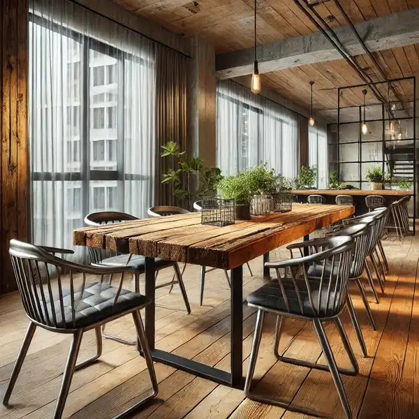 A dining area with a reclaimed wood table, paired with sleek metal chairs for an eco friendly, industrial look