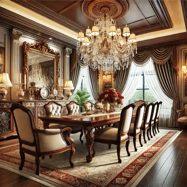 A formal dining room featuring a large polished wooden dining table with elegant upholstered chairs