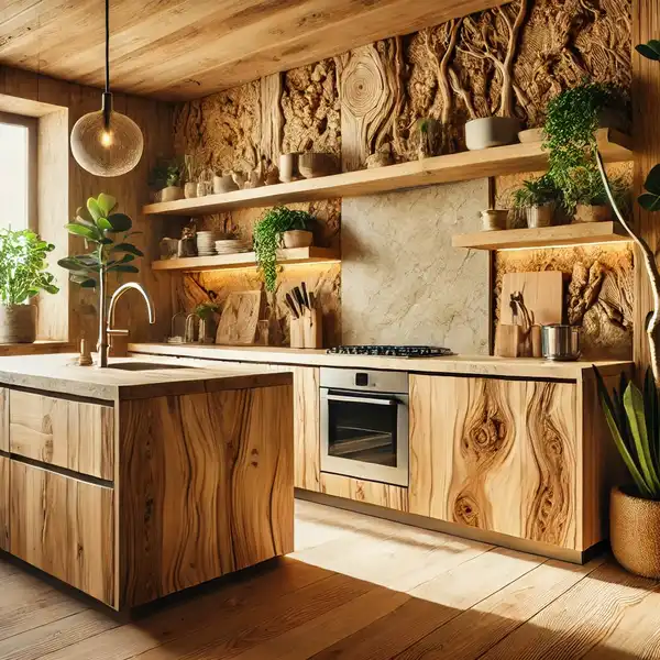 A kitchen using natural materials like wood and stone