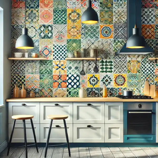 A kitchen with a bold backsplash featuring bright colors and unique tile patterns