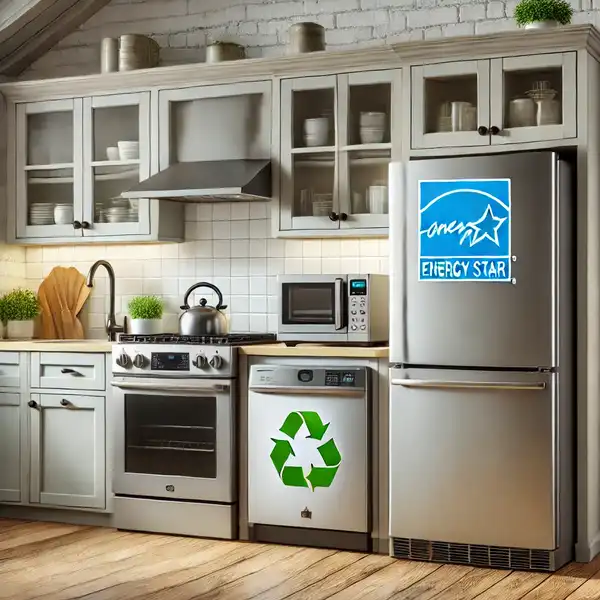 A kitchen with energy efficient appliances, featuring an eco friendly refrigerator, dishwasher, and oven with the Energy Star logo