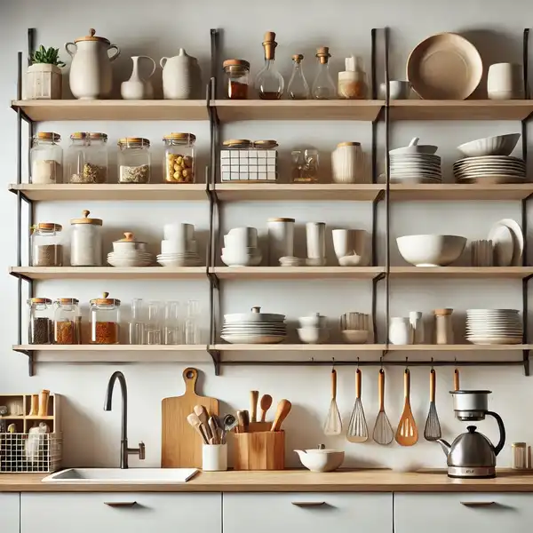 A kitchen with open shelving, featuring neatly organized dishes, spices, and cooking tools