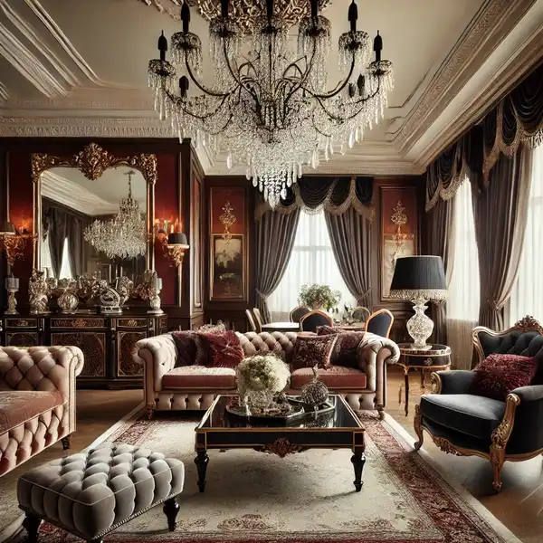 A living room featuring a statement crystal chandelier hanging from the ceiling, creating a sophisticated focal point