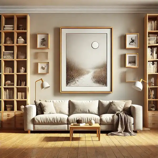 A living room showing an interior design mistake of using artwork that is the wrong size for the space