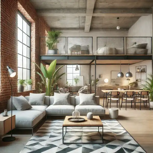 A living room with exposed brick walls, featuring simple, sleek furniture with clean lines, and an open, minimalist design