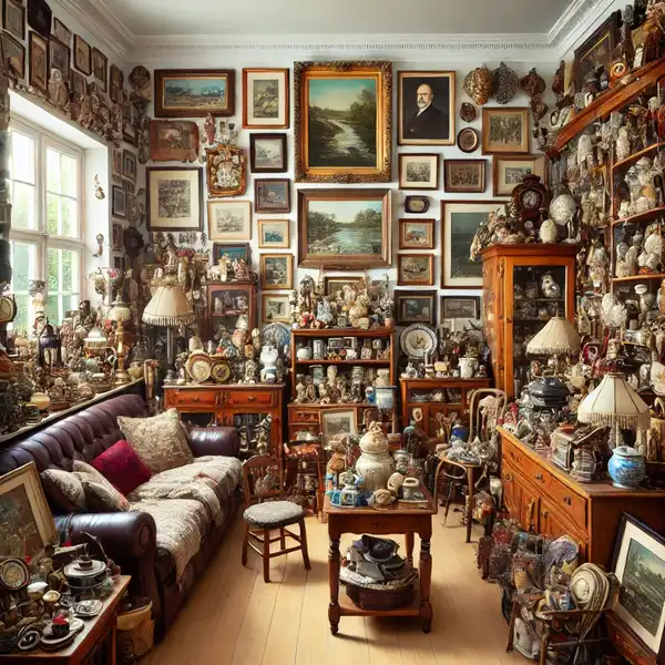 A living room with too many heirlooms displayed in one space