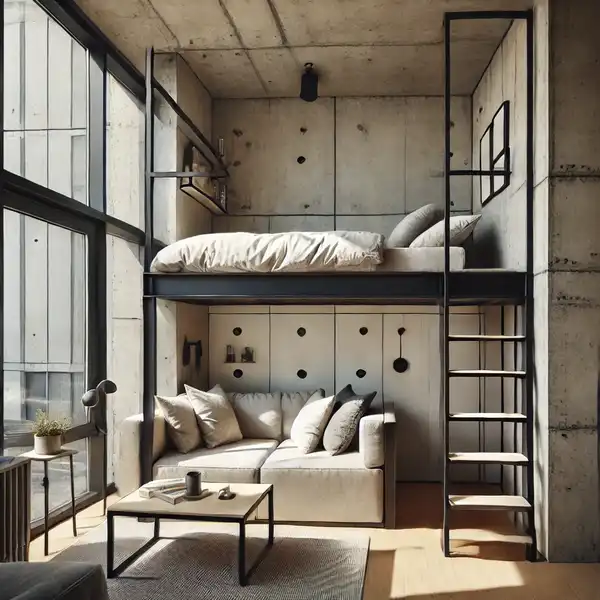 A loft style bed in a small urban apartment urban interior design