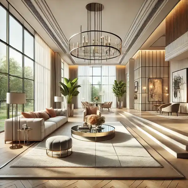 A luxury living room featuring large floor to ceiling windows that allow plenty of natural light to flood the space