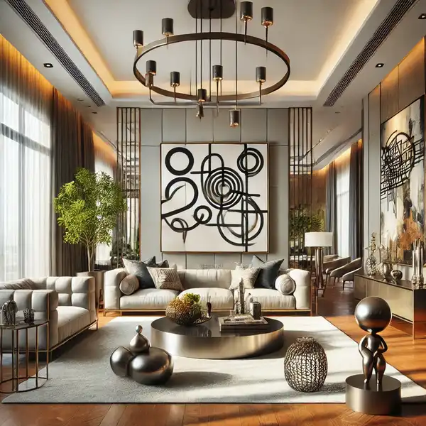 A luxury living room showcasing bold modern artwork and sculptures