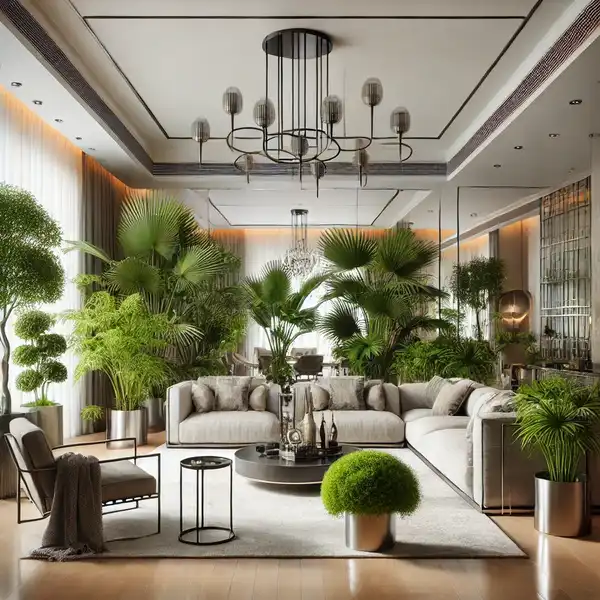 A luxury living room with lush indoor plants bringing nature indoors