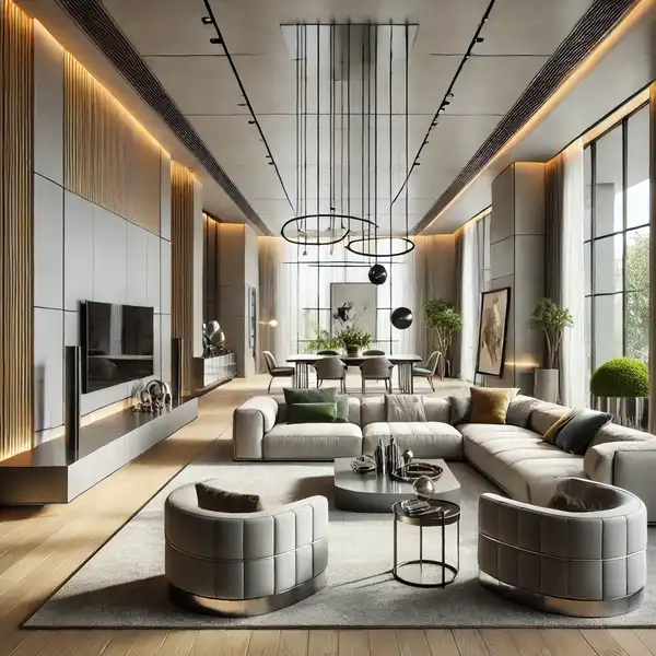 A minimalist modern luxury living room with sleek, simple furniture with clean lines, featuring a neutral color palett