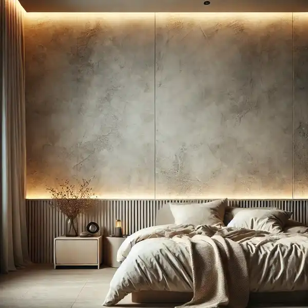 A modern bedroom featuring textured walls with plaster finishes