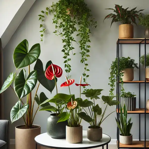 A modern interior space featuring indoor plants, including an Anthurium with bright red flowers on a table, a Rubber Plant with shiny