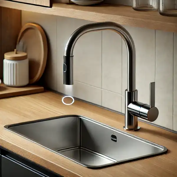 A modern kitchen featuring a touchless faucet. The faucet is sleek and stylish, located near a large, clean sink