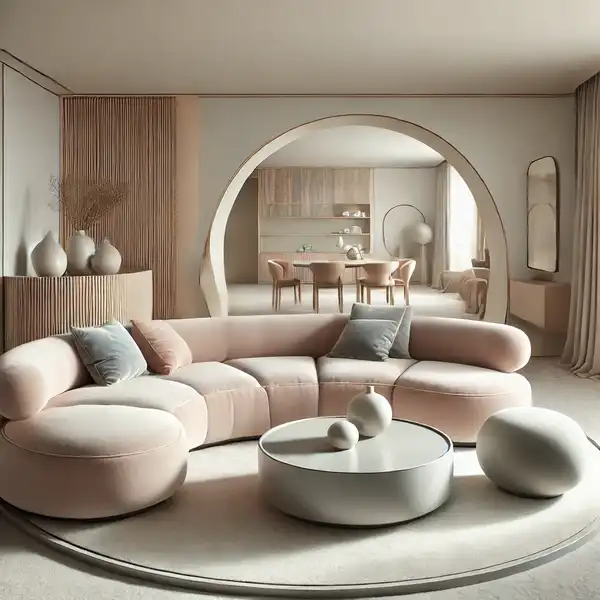 A modern living room featuring curved furniture like a rounded velvet sofa and a circular coffee table