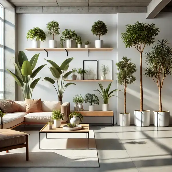 A modern living room featuring indoor plants. Small potted plants are placed on shelves and urban interior design