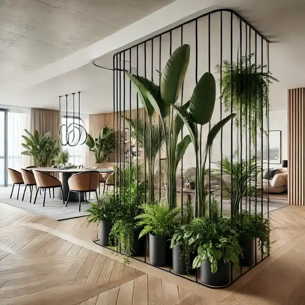 A modern open floor plan featuring large indoor plants used as dividers