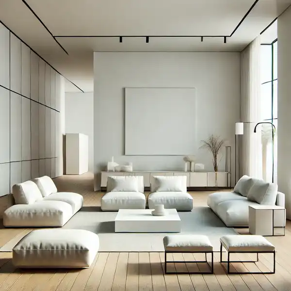 A modern open floor plan featuring minimalist furniture