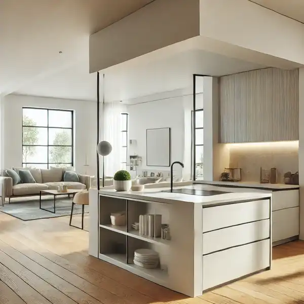 A modern open floor plan showing a kitchen island serving as a divider between the kitchen and living room