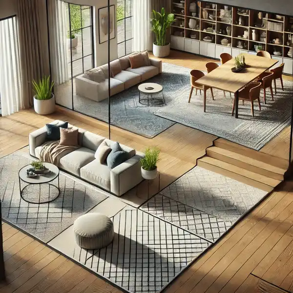 A modern open floor plan that uses rugs to define spaces