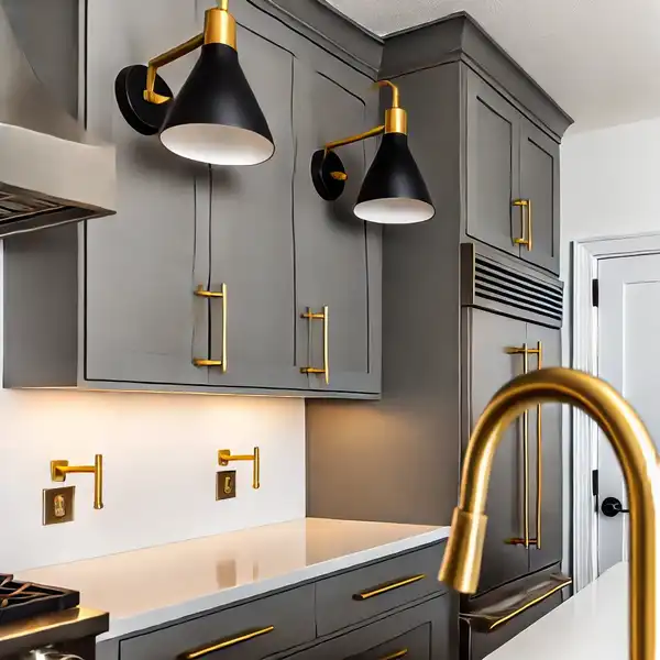 A modern transitional kitchen showcasing a mix of metal finishes