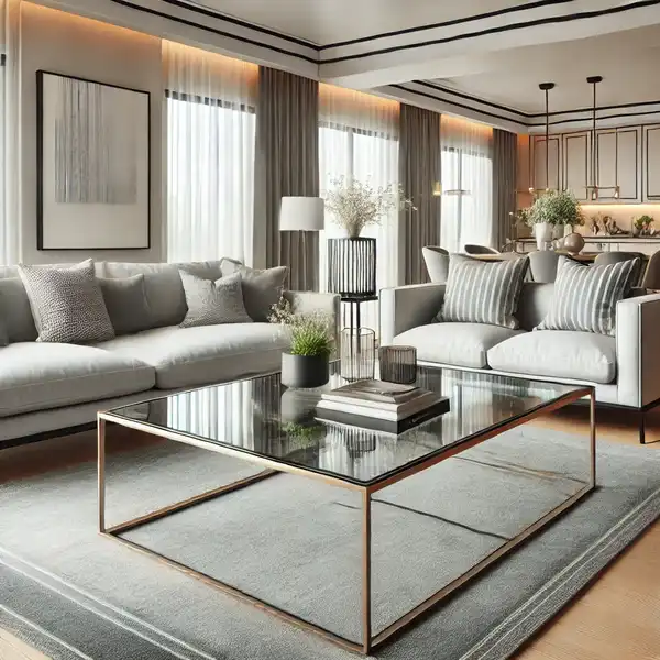 A modern transitional living room featuring a glass top coffee table with a sleek metal frame